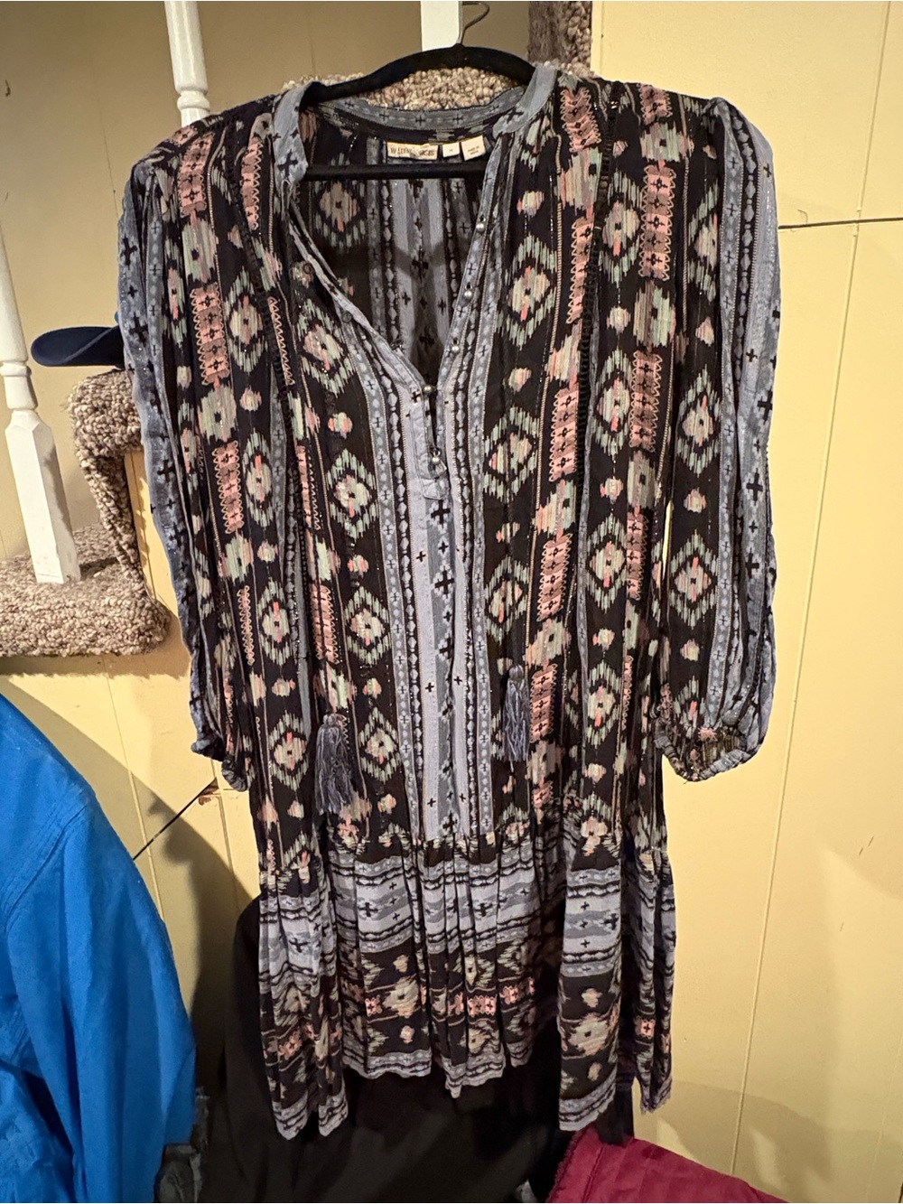 HOLDING HORSES Black Tunic dress with Slate Blue and Pink Accents